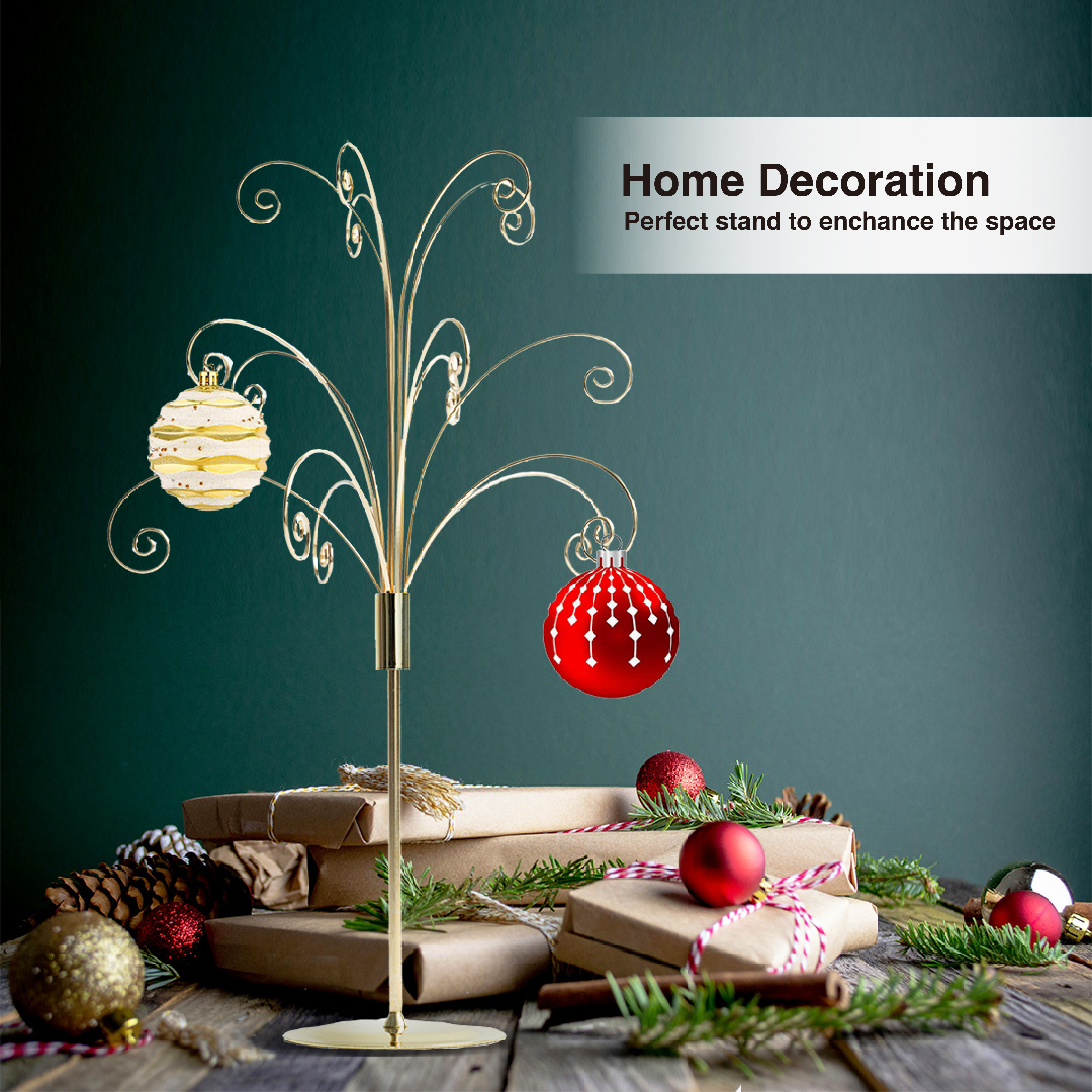 HOHIYA 20 Inch Tabletop Ornament Display Tree Metal Christmas Tree Stand for Desk and Mantel Small Jewelry Tower with Hooks Perfect Holiday Gift Brass Gold